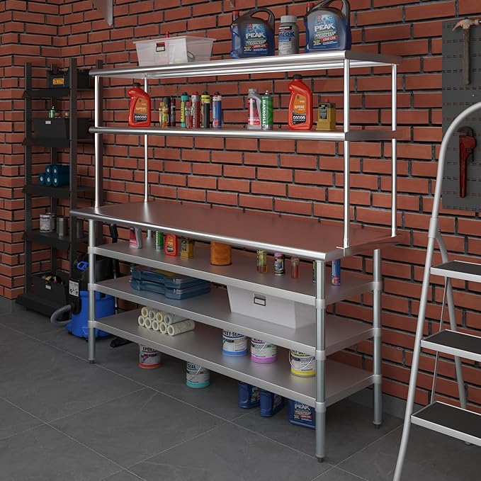 Amgood 24" x 72" Stainless Steel Work Table with 3 Shelves and 18" Wide Double Tier Overshelf | Metal Kitchen Prep Table & Shelving Combo | NSF