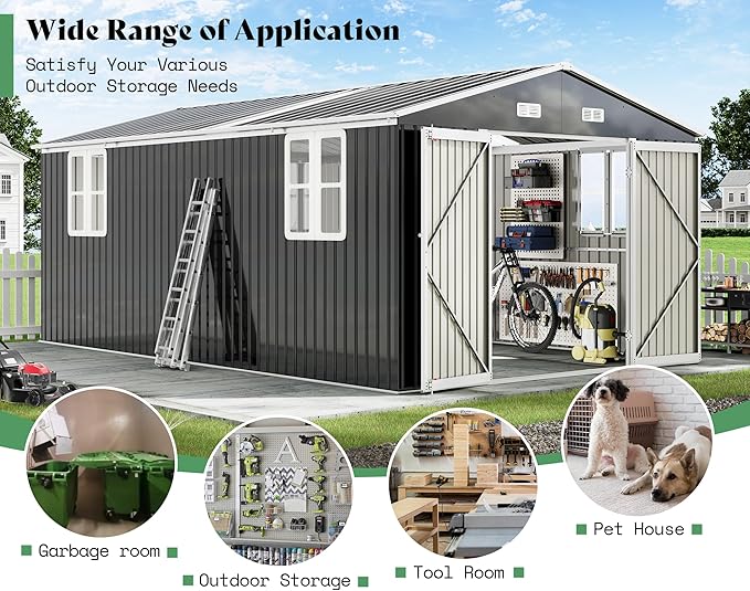 AMERLIFE 10x16.3x7 FT Galvanized Steel Storage Shed with Dual Transparent Panels, 4 4-Pane Windows & Hinged Double Doors, Outdoor Shed for Backyard, Garden, Patio, Dark Grey/White