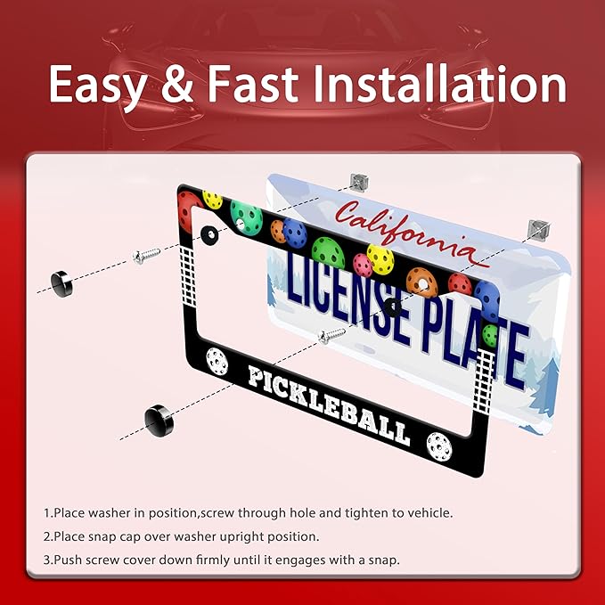 Personalized License Plate Frame Pickleball Stainless Steel Accessory Colored Balls License Plate Holder Funny Car Decorative 2 Holes Screws Fits Us Standard License Plates 12.2 X 6.3 In For Men Women