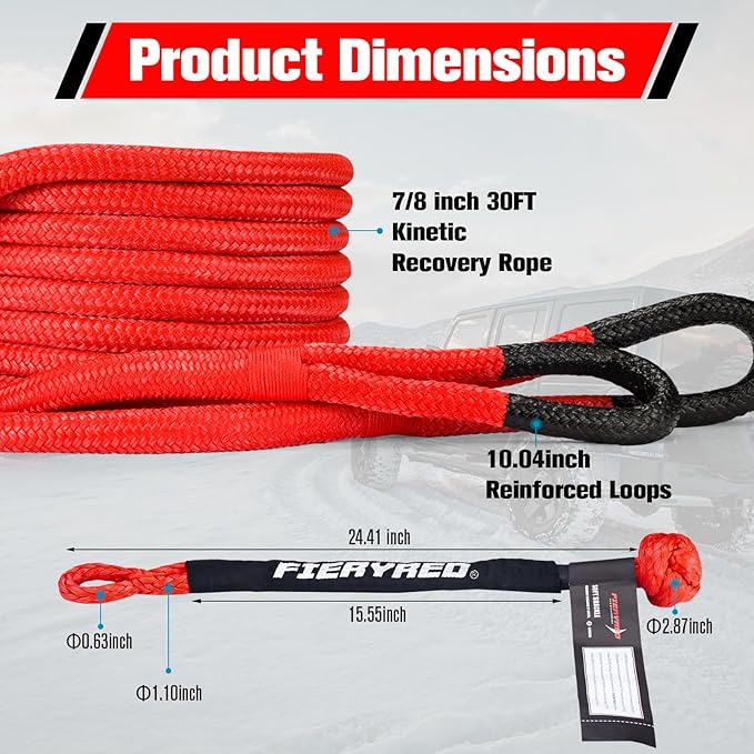 FieryRed Kinetic Recovery Rope Kit with 2 Soft Shackles, 7/8 Inch x 20 FT Tow Rope,Heavy Duty Offroad Snatch Strap for UTV, ATV, Truck, Car, Jeep, Tractor
