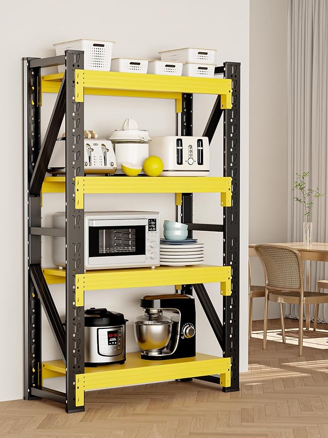 4-Tier Storage Shelves,63" H Heavy-Duty Garage Shelving Unit,Adjustable Industrial Metal Shelf System,3,000lbs Capacity,Tool Organizer for Garage,Workshop,32" W*20" D*63" H,Black&Yellow