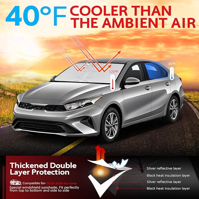 KAYZT Windshield Sun Shade for 2019-2024 Kia Forte Foldable Sunshade Front Window Custom Fit Car Accessories