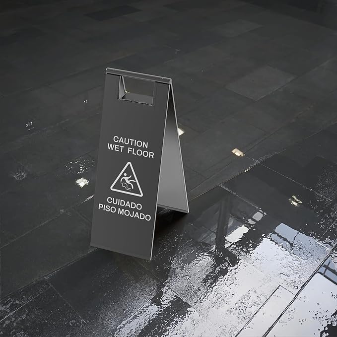 Stainless Steel Wet Floor Sign 2 Pack, 24 Inch Double-Sided Foldable Caution Sign with Handle, 8.8 lb Bilingual Warning for Restaurant, Office, Commercial Cleaning Use, Black