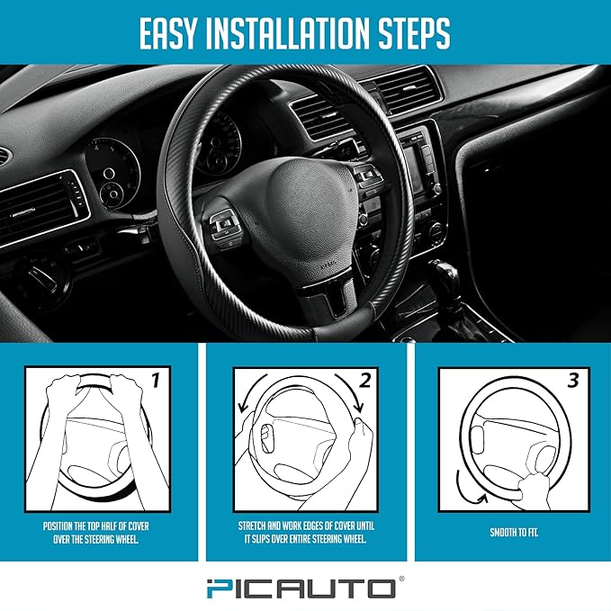 PIC AUTO Steering Wheel Cover, Black Piping Leather, Sports Carbon Fiber and Super Breathable Leather, Universal 14.5-15.5 Inch Anti-Slip Steering Wheels Accessories for Men & Women