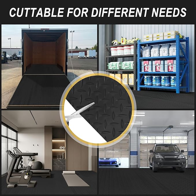 7.5x25 FT Garage Floor Mat, 2.8mm Thickened Flooring Roll for Under Car with 20Pcs Tapes, 188SQFT Diamond Plate, Non-Slip Floor Protector Mat for Garage, Warehouse, Gyms, Trailer(Black)