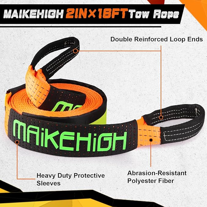 MAIKEHIGH Tow Strap Heavy Duty with Hooks, 2"×16ft 22,000Lbs Tow Rope with D-Ring Shackles (2pcs) + Protective Gloves (2pcs), Emergency Recovery Strap for Car Truck SUV ATV (Orange)