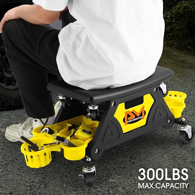 PM PERFORMOTOR Mechanic Stool - 25-1/2" x 13" x 12" (L x H x W), Rolling Work Seat w/Lockable Swivel Wheels and Storage Tool Tray, Yellow,PM-TOL-CRS-YL