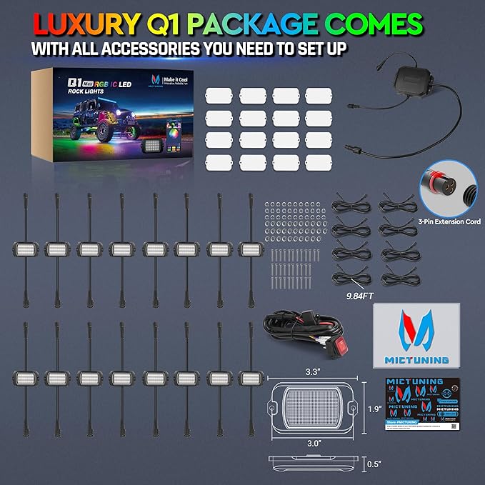 MICTUNING 2025 1000% Bright Q1 MAX RGB+IC Rock Lights,16 Pods Chasing Dreamcolor Extensible Underglow Multicolor Neon Light Underbody Lighting Kit with APP Control for Truck ATV UTV Boat