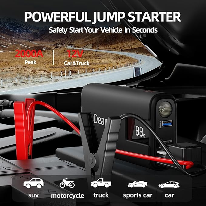 IDEAPLAY J10 Jump Starter, 2000A 12V Car Battery Jump Starter Portable for Up to 8.0L Gas and 7.0L Diesel Engine, Jump Box with Jumper Cables, Type C Fast Charging Battery Jumper with LED Flashlight