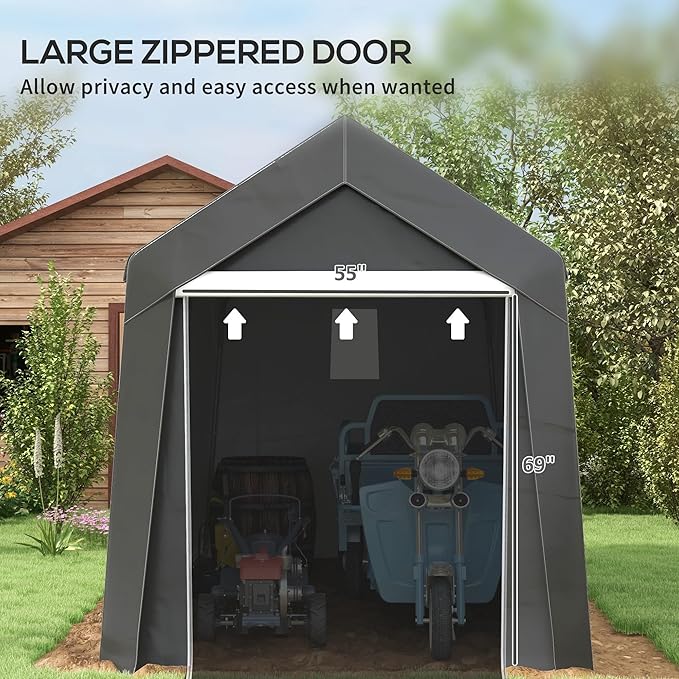 Outsunny 7' x 12' Portable Storage Shed Shelter, Heavy Duty Outdoor Shed, Waterproof Garden Storage Tent with Ventilation Window and Roll-up Zipper Door for Bike, Motorcycle, Garden Tools, Gray