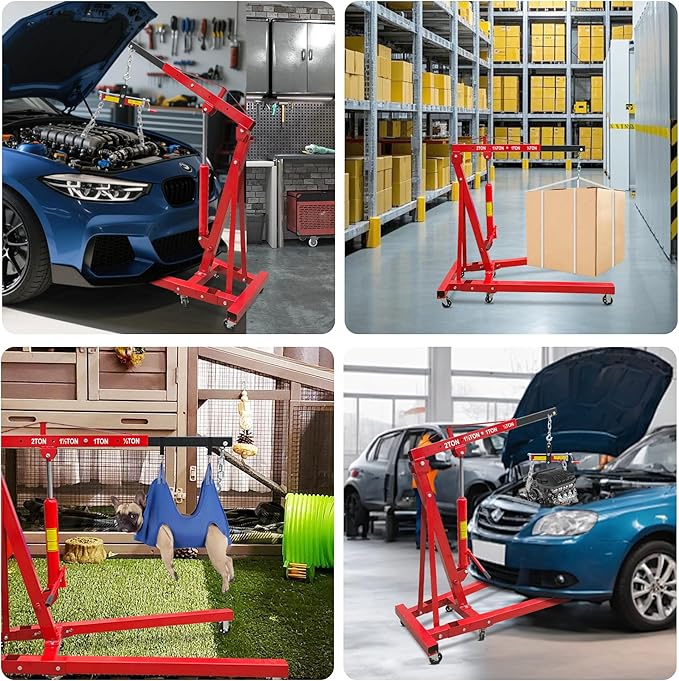 2 Ton Folding Hydraulic Engine Hoist with Leveler, 4000 LBS Heavy Duty Steel Shop Crane Lift with Adjustable Boom and 6 Caster Wheels, Portable Cherry Picker Motor Hoist for Garage, Workshop