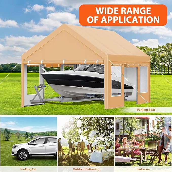 13x20FT Heavy Duty Carport, Outdoor Garage Canopy with 4 Roll-Up Doors and Mesh Windows, Large Portable Shelter Tent for Car, Truck, Boat, Party, Market