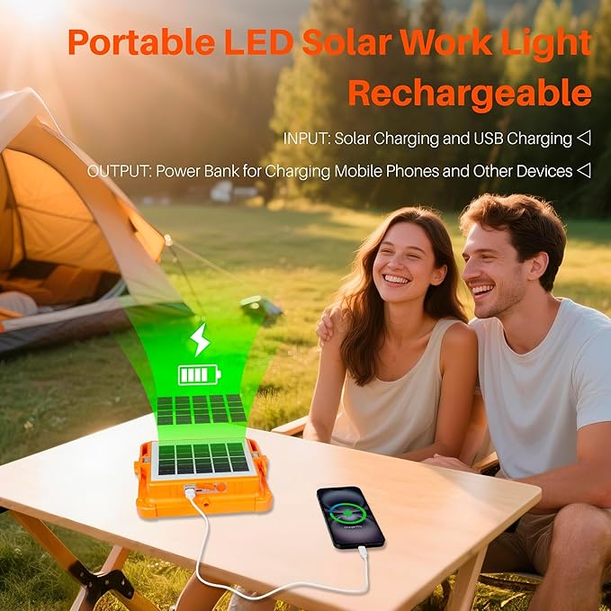 LED Solar Work Light with Magnetic, 5 Lighting Modes, IP66 Waterproof, Long Runtime, Portable Rechargeable Outdoor Working Light for Repair, Job Site, Camping, Emergency, Power Cut