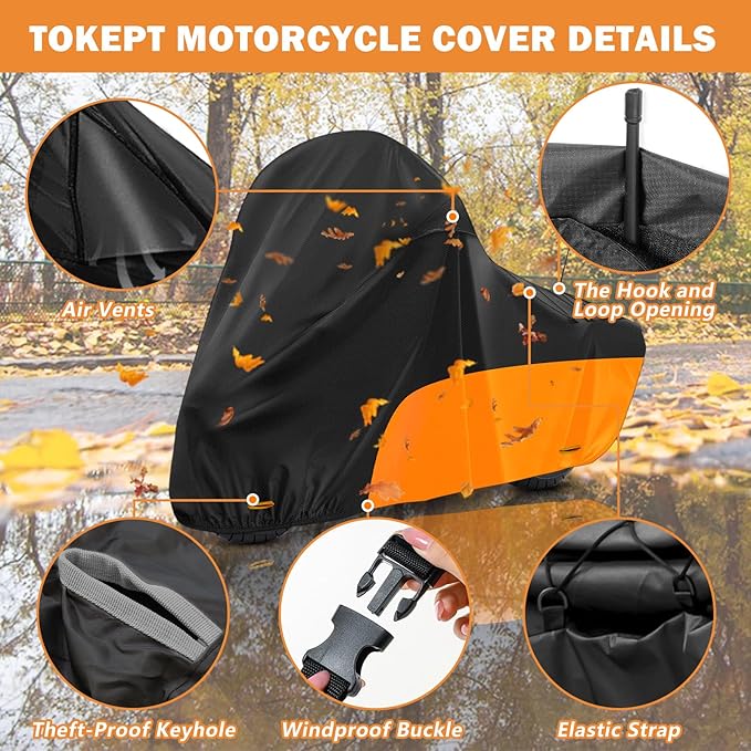 Motorcycle Cover, with Vents Dirt Bike Cover,for Different Touring Models Harley Davidson Road King,Road Glide,Street Glide,Electra Glide,Low Rider-ST (Black&Orange)