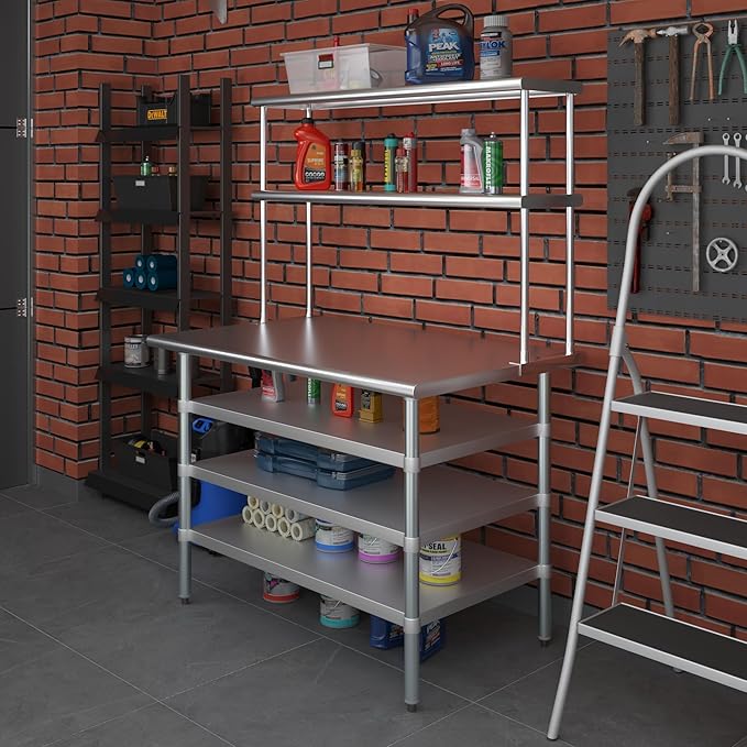 Amgood 30" x 48" Stainless Steel Work Table with 3 Shelves and 12" Wide Double Tier Overshelf | Metal Kitchen Prep Table & Shelving Combo | NSF