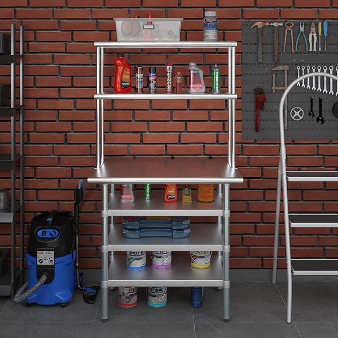 Amgood 24" x 36" Stainless Steel Work Table with 3 Shelves and 12" Wide Double Tier Overshelf | Metal Kitchen Prep Table & Shelving Combo | NSF