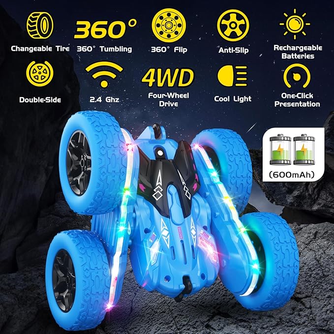 Remote Control Car, RC Cars for Kids with New Upgraded Strip Lights, 2.4GHz RC Stunt Cars with Headlights, 600mAh 4WD 360° Rotating Off Road, 4 5 6 7 8 9 Year Old Boy Toys Birthday Gifts