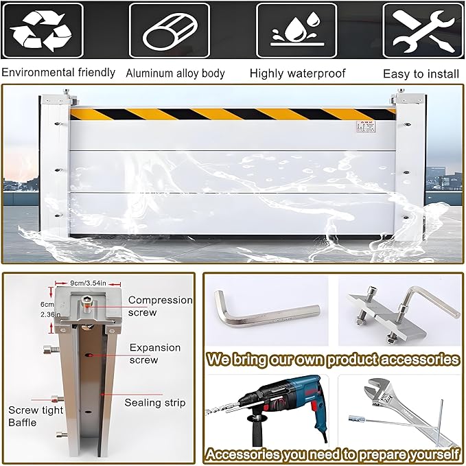 Flood Barriers for Home Exterior,Aluminum Alloy Outdoor Garage Doors Water Barriers for Flooding(H23.6Inch,L10.5FT)
