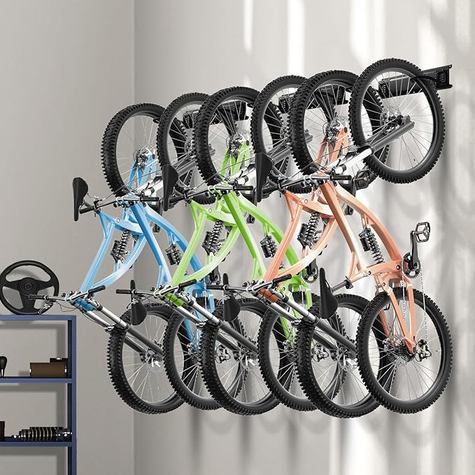 VEVOR Bike Storage Rack, 6 Bike Racks and 3 Helmets Hooks, Wall Mount Bike Storage Hanger, Home & Garage Organizer, Customizable for Various Bike Sizes, Adjustable Holder, Holds Up to 300 lbs, 51-inch