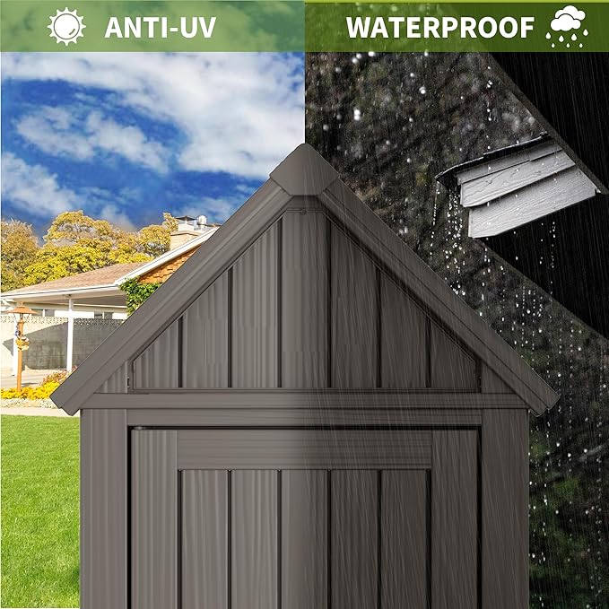 Shed Outdoor Storage Shed with Sloping Roof and Lockable Door, Resin Outdoor Storage Box Cabinet Waterproof and Multiple Hooks for Backyard, Patio, Poolside, Grey