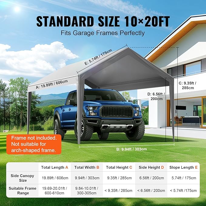 VEVOR Carport Replacement Canopy Cover 10 x 20 ft, Garage Top Tent Shelter Tarp Heavy-Duty Waterproof & UV Protected, Easy Installation with Ball Bungees,Grey (Only Top Cover, Frame Not Include)