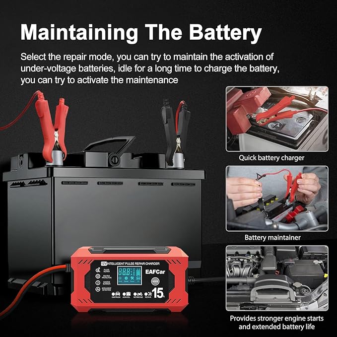 15-Amp Battery Charger, 12V Trickle Charger Car Battery Charger, Smart Automatic Lead Acid Charging with Temperature Compensation for Car Truck Lawn Mower Boat Marine(15A)