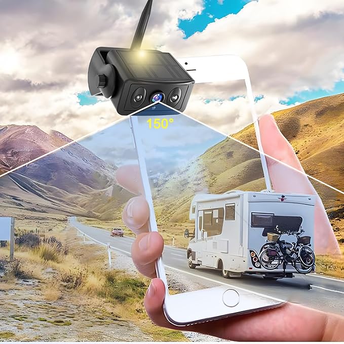 Wireless Backup Camera for RV/Truck/Camper/Trailer - Solar-Powered Strong Magnetic Mount, No Wiring/Drilling, HD Night Vision, Waterproof, Low Power - Works with iPhone & Android (Easy Installation)