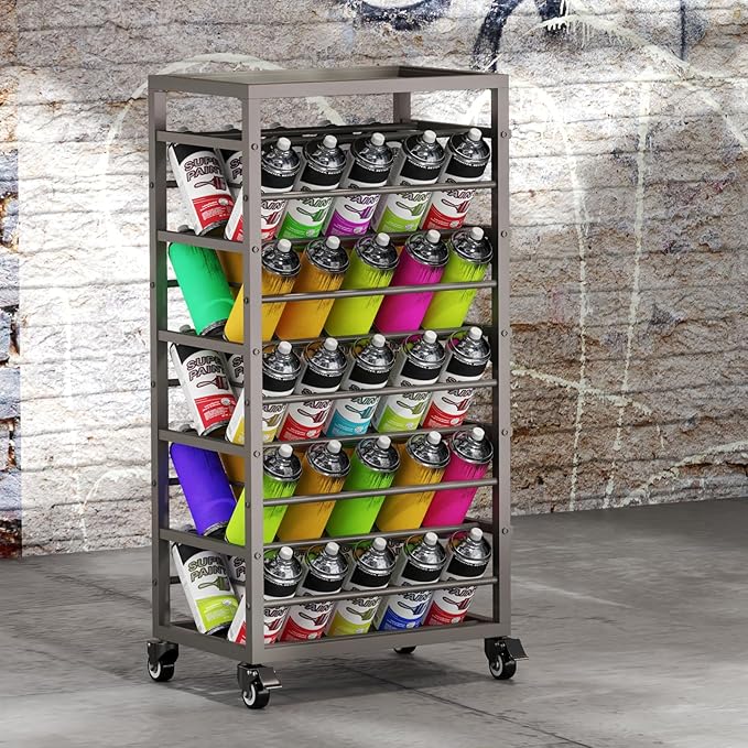 50 Spray Paint Storage Holder, Rolling Spray Can Storage Rack, Heavy Duty Paint Aerosol Can Organizer, Lube Can Holder Cart, Lube Bottle Organizer Rack for Garage,Shop, Craft Workroom