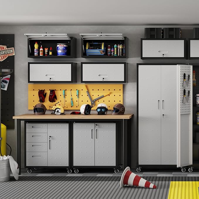 Metal Tool Cabinet,Garage Storage Cabinet System,Wall Cabinet & Locking Rolling Tool Cabinet with Doors and Adjustable Shelves,Steel Tool Cabinets for Home,Office (2 Pcs-StyleAA, Black & Grey)