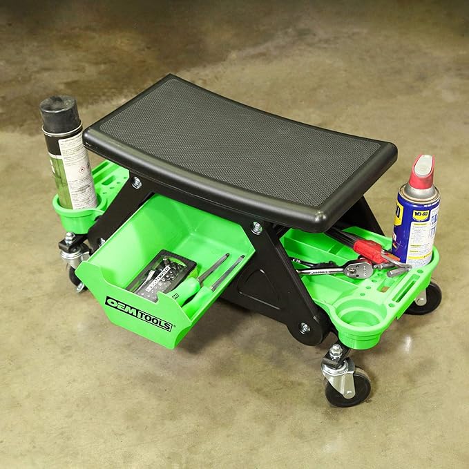 OEMTOOLS 24986 Heavy-Duty Rolling Workbench and Creeper Seat, Mechanics Stool with Wheels, Creepers, Shop Stools with Wheels, Automotive, Green and Black 300 LB Capacity