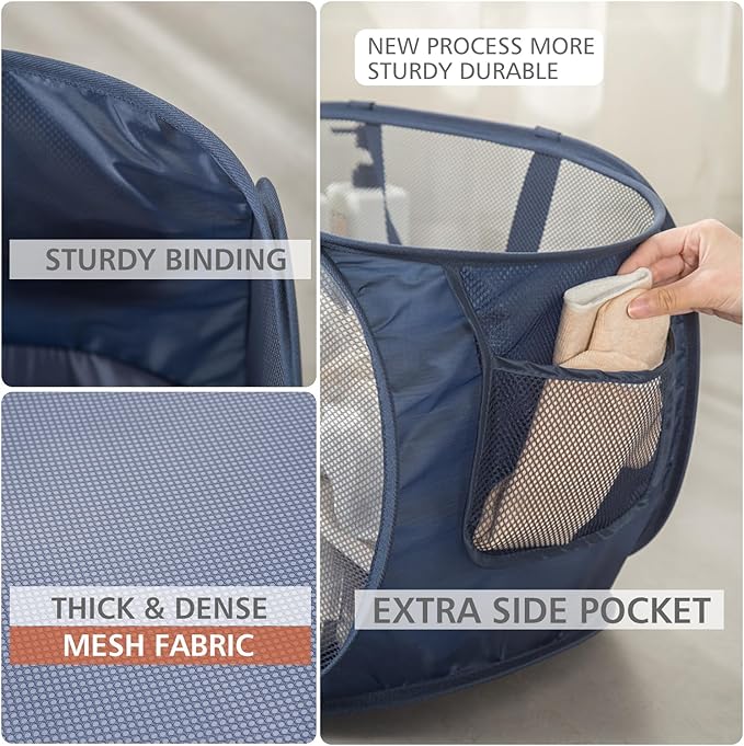Sturdy Mesh Laundry Hamper Basket Bag,Pop up Basket with Side Pocket for Laundry Room, Bathroom, Kids Room, College Dorm or Travel (Pop Horizontal, Pink)
