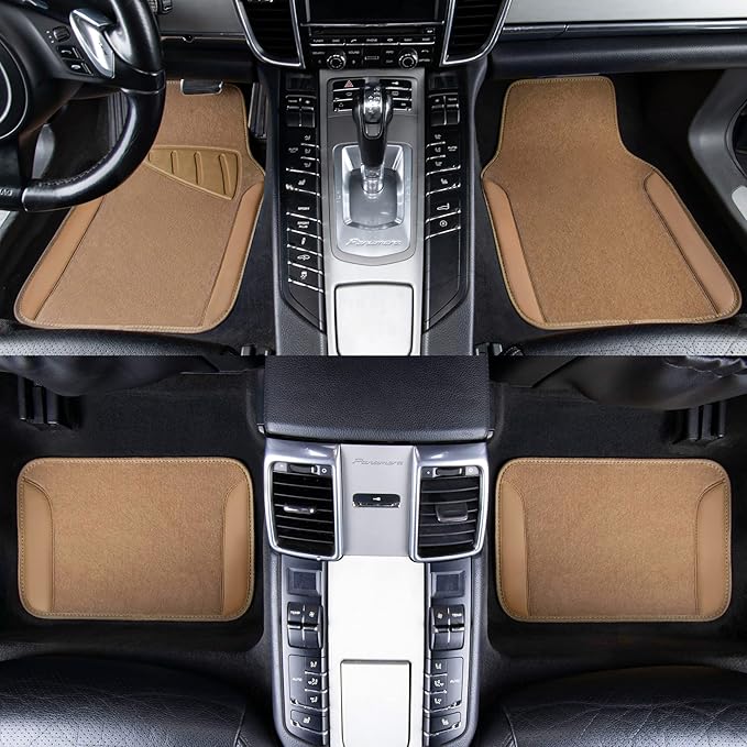 CAR PASS Beige Leather & Waterproof Car Carpet Floor Mats, Universal Car Mats Fit for SUV,Vans,sedans, Trucks,Set of 4pcs Car Carpet with Anti-Slip nibbs Driver Heel Pad (All Beige)
