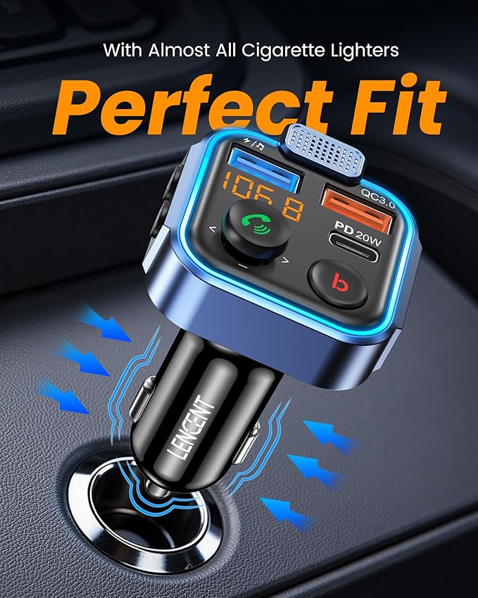 LENCENT FM Transmitter in-Car Adapter, Type-C PD 20W+ QC3.0 Fast USB Charger, Wireless Bluetooth 5.3 Radio Car Kit, Hands-Free Calling, MP3 Player Receiver Hi Fi Bass, Support U Disk