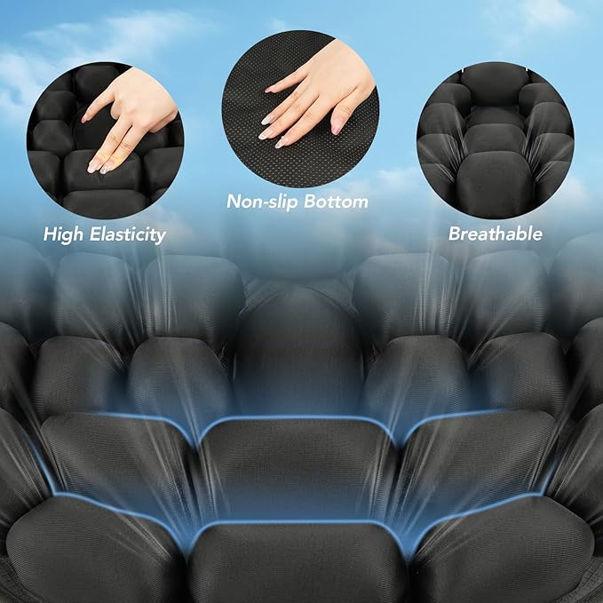 Travel Seat Cushion, 3D Air Inflatable Pressure Relief Cushion for Hemorrhoid and Tailbone Pain Relief, Optimal Support for Long Sitting in Car, Air Travel, Office Chairs, Home Living (Black)