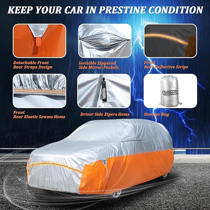 Tecoom Car Cover Waterproof All Weather for SUV, Universal Full Exterior Covers Fit for Toyota CHR Ford Mustang Honda CRV Tesla Model Y Large Winter Snow Sun UV Scratch Protection, 170"-190"