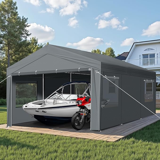 VINGLI 10x20 Carport Canopy Portable Garage with Roll-up Windows & Removable Sidewalls, Car Canopy Heavy Duty Car Tent for SUV, Boats, RVs, Trucks