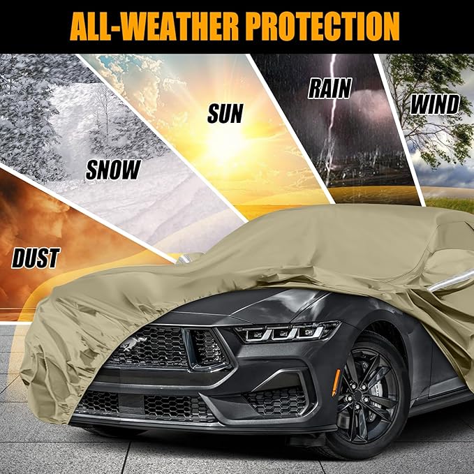 Waterproof Car Covers Replace for 1994-2025 Ford Mustang, Multilayer Heavy Duty with Cotton Liner All Weather Custom-fit Car Cover with Zipper Door, Windproof Bands for Snow Rain Dust Protection