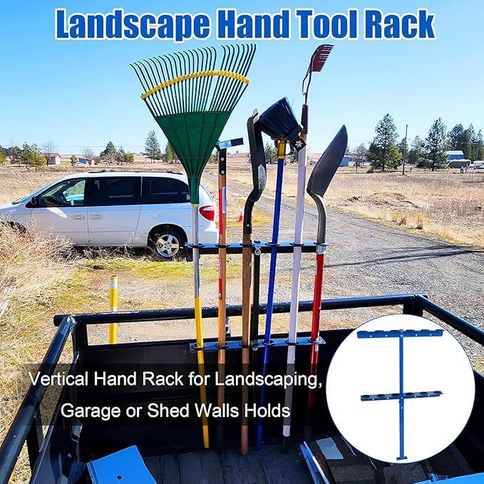Vertical Hand Rack for Enclosed Landscaping Truck Trailer Garage or Shed Walls Holds 6 Tools for Shovels, Rakes, Hoes, Open Trailer Storage, 1 Pack (Blue)