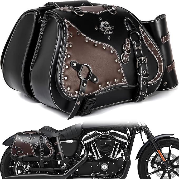 Motorcycle Saddlebags, 30L Leather Waterproof Side Saddle Bags with Cup Holder, Universal Powersports Saddlebags for Harley Davidson Sportster Dyna Softail Honda Shadow Rebel Yamaha Kawasaki Vulcan