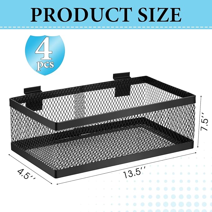 Coume 4 Pcs Black Slatwall Baskets 4 Size Metal Mesh Wire Basket for Slatwall Panels Ventilated Wall Mounted Hanging Accessories for Home Garage Retail Store Display Organizing(13.5 x 7.5 x 4.5 Inch)