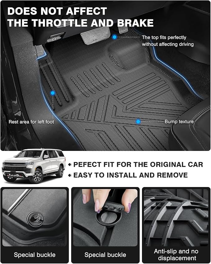 Powerty Floor Mats & Cargo Liner for 2021-2024 2025 Chevy Chevrolet Suburban/GMC Yukon XL 8 Seats Accessories Floor Mats 2 Row Liner Set All Weather TPE 3D Floor Liners&Rear Cargo Mat