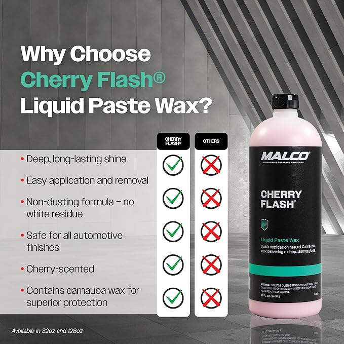 Malco Cherry Flash Automotive Liquid Paste Wax – Protect & Shine Your Vehicle/Easiest Way to Hand Wax Your Car/Lasting Gloss & Protection For Cars, Trucks, Boats and Motorcycles / 32 Oz. (124832)
