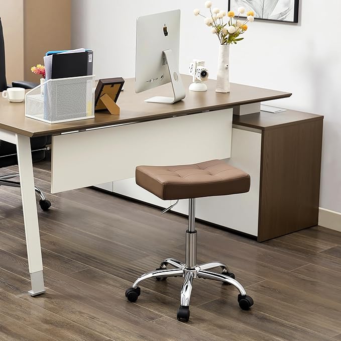 Ergonomic Desk Stool with Wheels (Adjustable Height 17"-21") (300lbs Capacity) Faux Leather Office Stool (Coffee Brown)