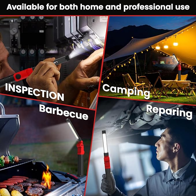 Rechargeable Work Light 2200mAh Magnetic LED Work Light Flashlight Mechanic Light Tool Gifts for Men Him, Foldable Lamp with Hook for Car Repair Emergency BBQ Grill (4 Pack)