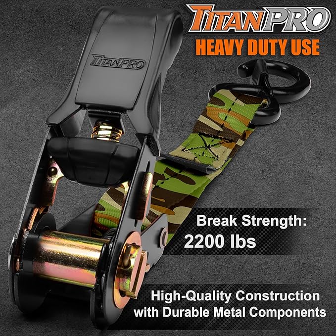 TitanPro Heavy Duty Ratchet Straps 4-Pack - 2,200lb Break Strength, 1" x 15' Rachet Tie Downs with Padded Handles - Heavy Duty, Truck, Motorcycle, Moving Straps (Camo)