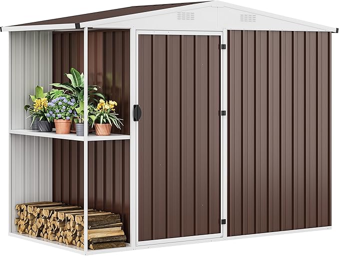 DWVO 8 x 4 ft Outdoor Storage Shed with 2-Tier Shelf, Metal Tool Shed & Garden Storage Cabinet for Backyard, Patio, Equipment & Bike, Brown