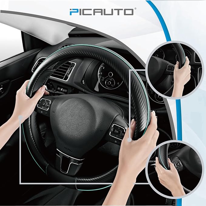 PIC AUTO Steering Wheel Cover, Mint Piping Leather, Sports Carbon Fiber and Super Breathable Leather, Universal 14.5-15.5 Inch Anti-Slip Steering Wheels Accessories for Men & Women