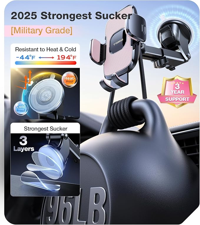 TORRAS Pink Phone Holders for Your Car【True Military-Grade & Strongest Suction】, Universal Car Phone Holder Mount Truck Cradle Stand for Dashboard Windshield Vent, Pink Car Accessories