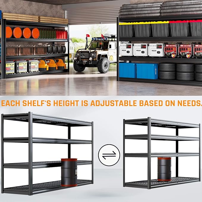72" W Storage Shelves Heavy Duty Garage Shelving 30" D Metal Shelving Unit, 4 Tier Adjustable Shelves, 5000LBS Steel Industrial Shelving for Basement Warehouse Commercial, 72" W*30" D*72”H