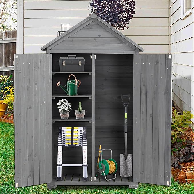 39.56"x 22.04"x 68.89" Outdoor Storage Cabinet with Removable Shelves, Waterproof Roof, and Adjustable Feet - Fir Wood Garden Tool Shed for Yard, Patio, Deck, and Garage,Grey